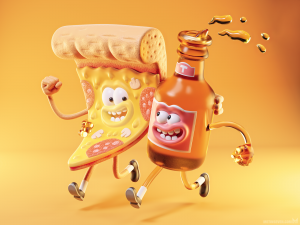 metin-seven_stylized-artistic-3d-illustrator-cartoon-character-designer_pizza-slice-beer-bottle.png